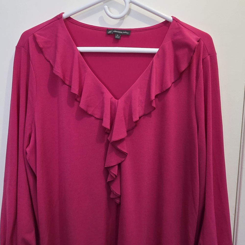 Adrianna Papell Fuchsia Ruffle V-Neck Long Sleeve Top